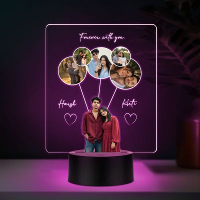 Personalized Couple LED Photo Lamp, Forever with You Custom Acrylic Night Light with Multiple Photos with Color Changing Base